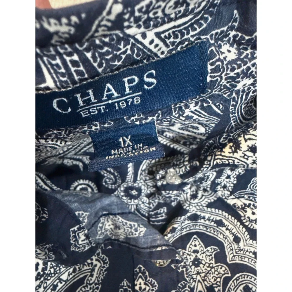 Chaps Plus Size 1X Blue & White Paisley Bandana Print Button Up Preppy Boho Chic